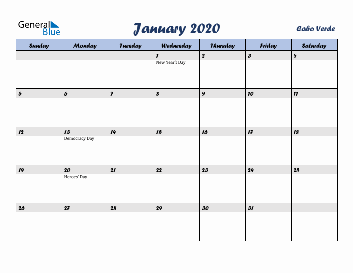 January 2020 Calendar with Holidays in Cabo Verde