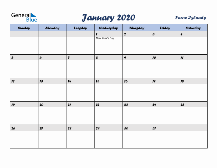 January 2020 Calendar with Holidays in Faroe Islands