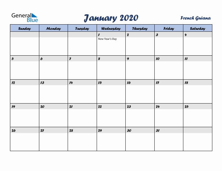 January 2020 Calendar with Holidays in French Guiana