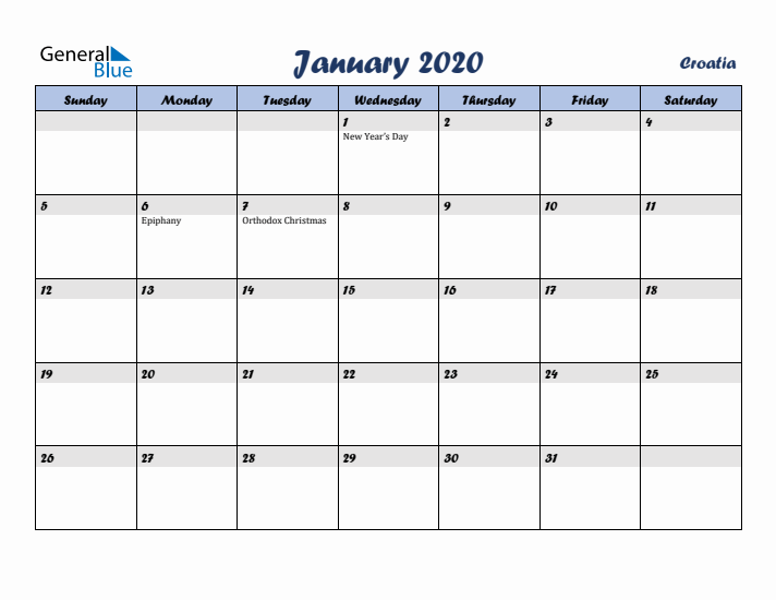 January 2020 Calendar with Holidays in Croatia