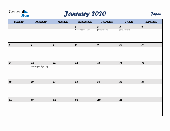 January 2020 Calendar with Holidays in Japan