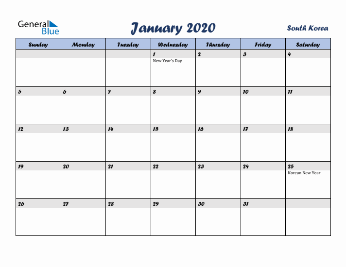 January 2020 Calendar with Holidays in South Korea