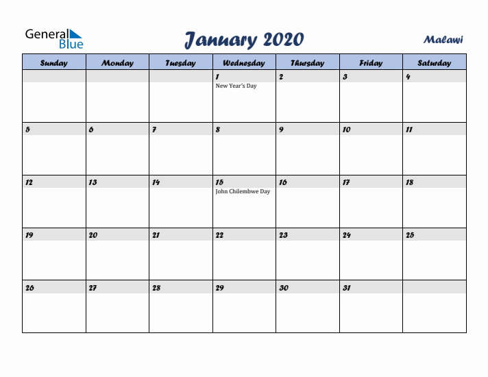 January 2020 Calendar with Holidays in Malawi