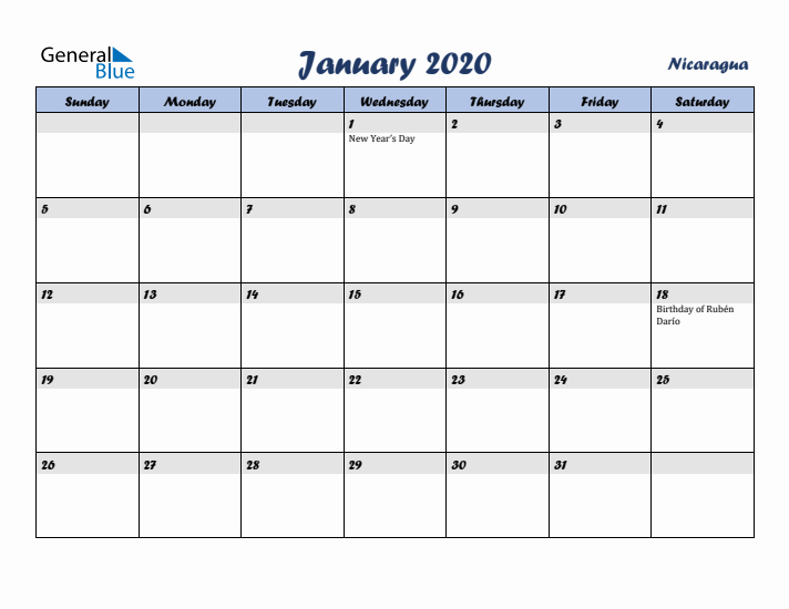 January 2020 Calendar with Holidays in Nicaragua