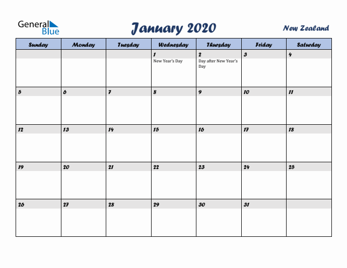 January 2020 Calendar with Holidays in New Zealand