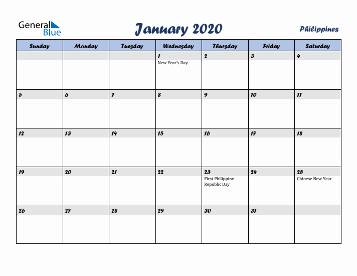 January 2020 Calendar with Holidays in Philippines