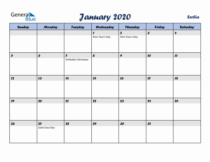 January 2020 Calendar with Holidays in Serbia