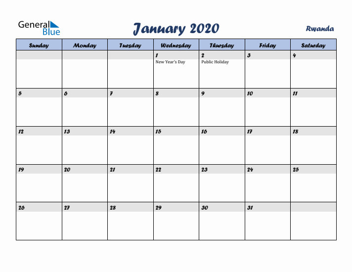 January 2020 Calendar with Holidays in Rwanda