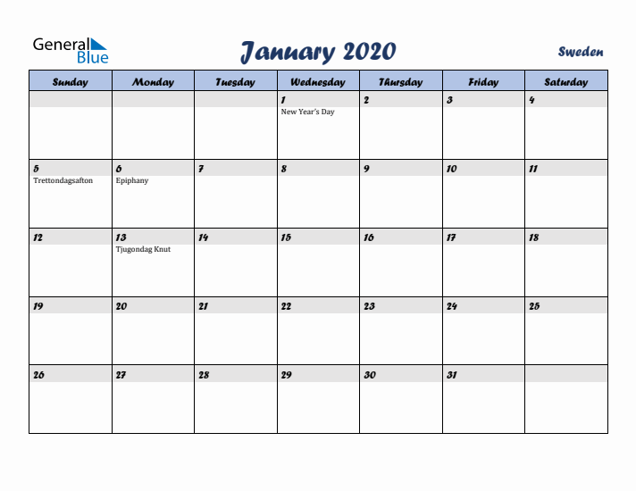 January 2020 Calendar with Holidays in Sweden