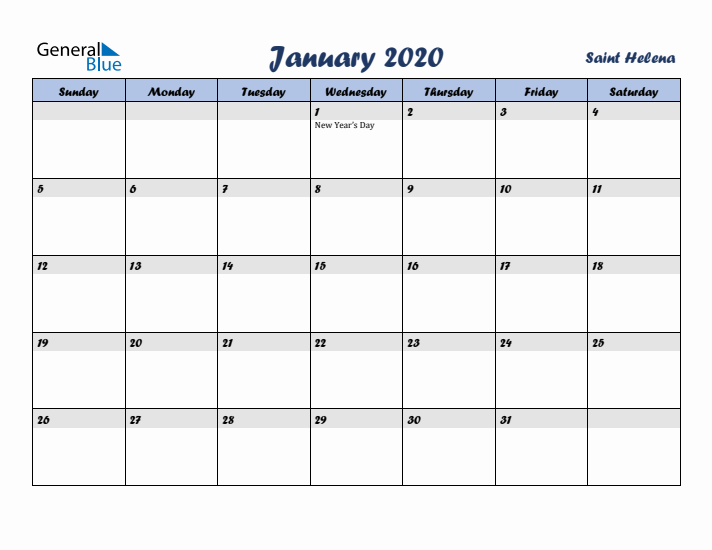 January 2020 Calendar with Holidays in Saint Helena