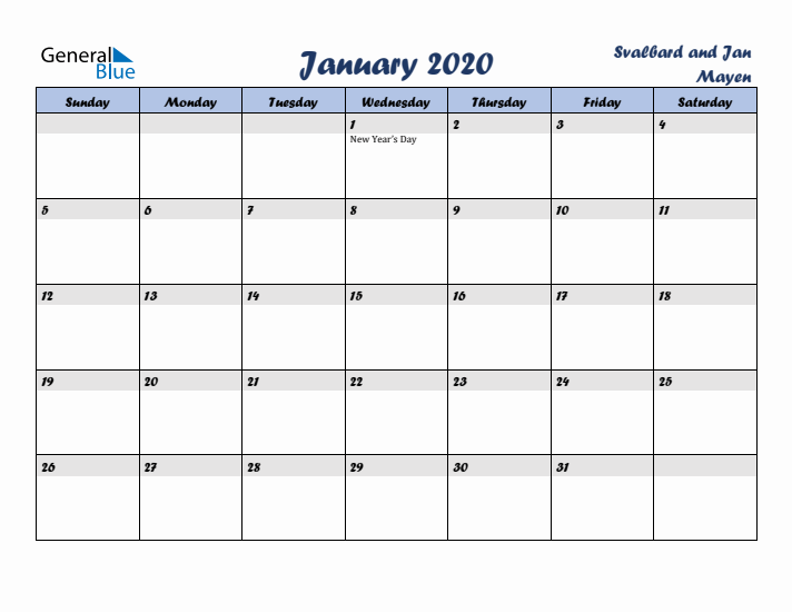 January 2020 Calendar with Holidays in Svalbard and Jan Mayen