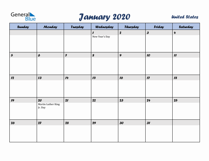 January 2020 Calendar with Holidays in United States