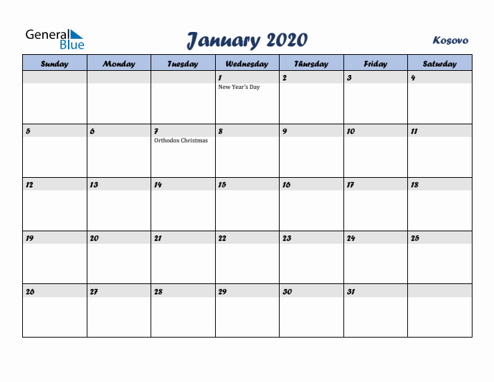 January 2020 Calendar with Holidays in Kosovo