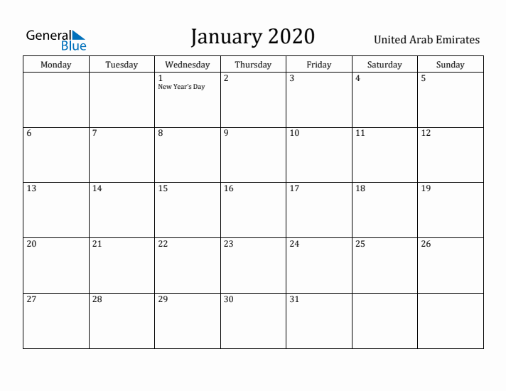 January 2020 Calendar United Arab Emirates