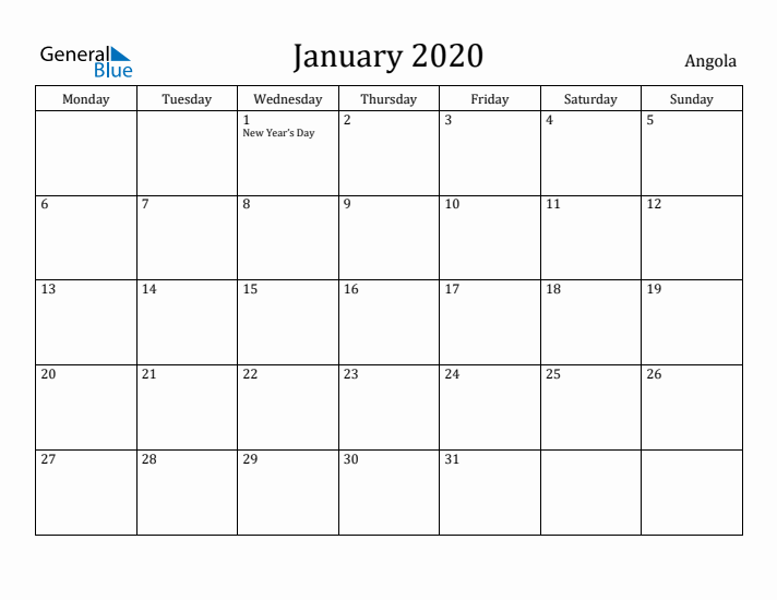 January 2020 Calendar Angola