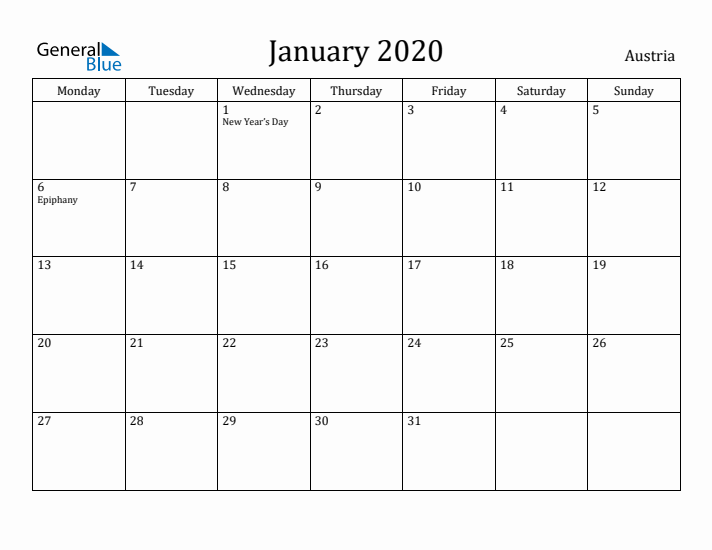 January 2020 Calendar Austria