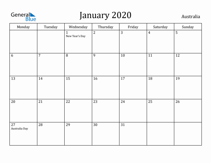 January 2020 Calendar Australia