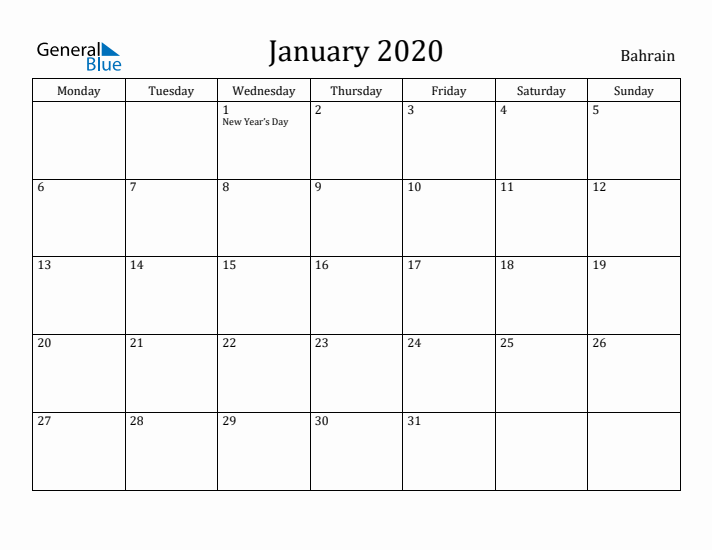 January 2020 Calendar Bahrain