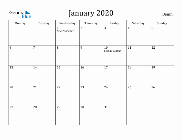 January 2020 Calendar Benin