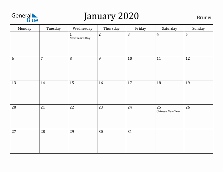 January 2020 Calendar Brunei