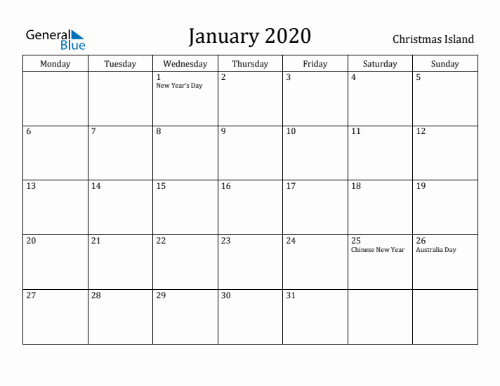 January 2020 Calendar Christmas Island