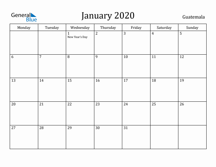 January 2020 Calendar Guatemala