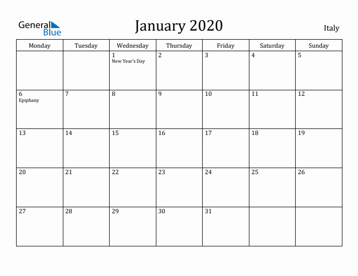 January 2020 Calendar Italy