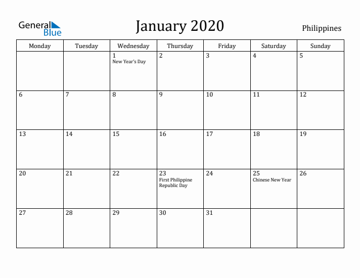 January 2020 Calendar Philippines