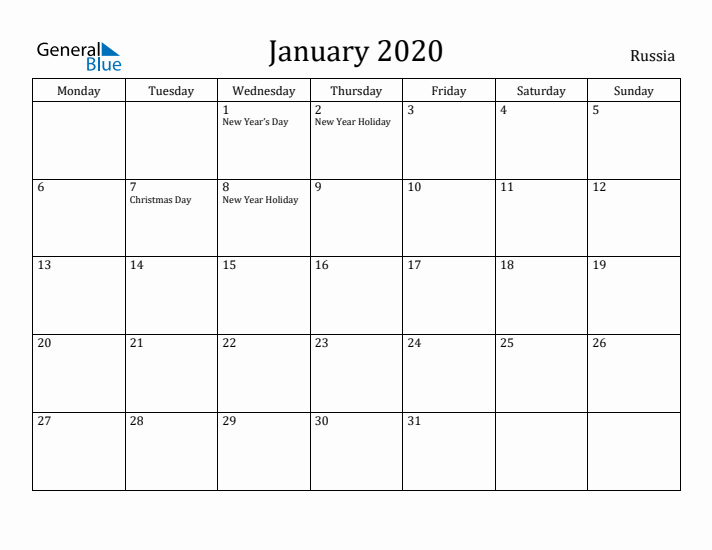 January 2020 Calendar Russia