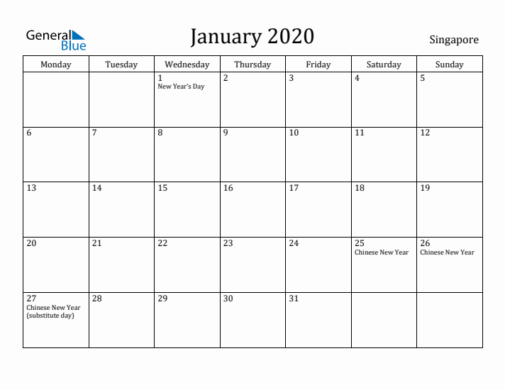 January 2020 Calendar Singapore