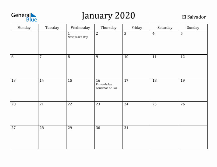 January 2020 Calendar El Salvador