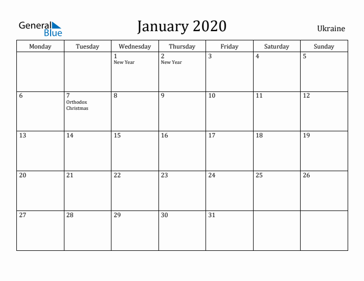 January 2020 Calendar Ukraine