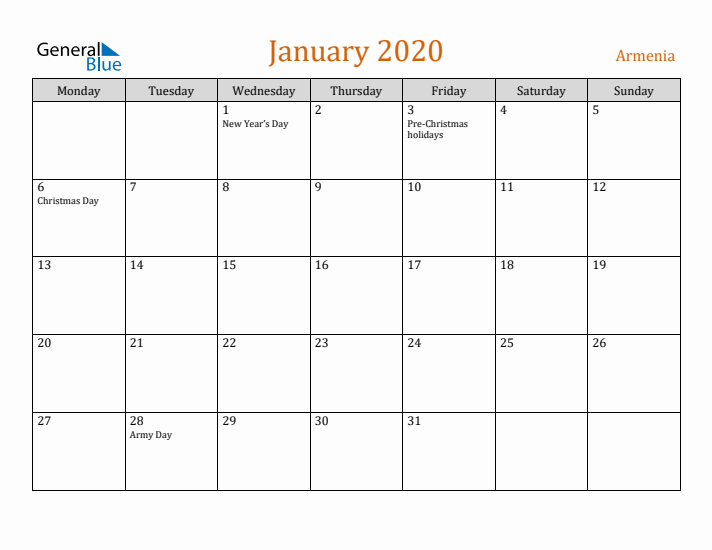 January 2020 Holiday Calendar with Monday Start