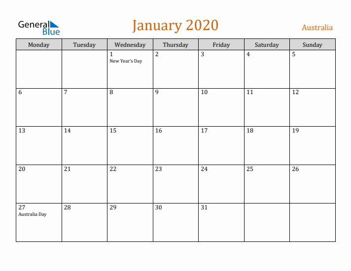 January 2020 Holiday Calendar with Monday Start