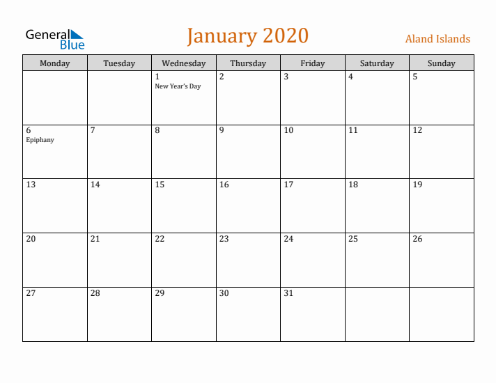 January 2020 Holiday Calendar with Monday Start