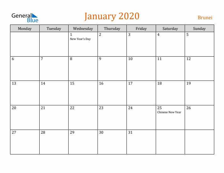 January 2020 Holiday Calendar with Monday Start