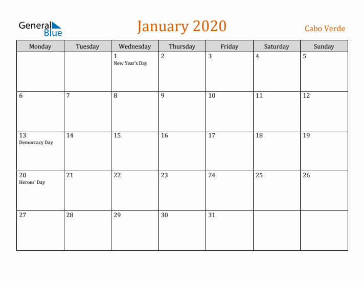 January 2020 Holiday Calendar with Monday Start