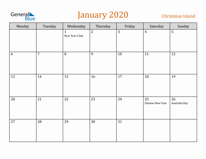 January 2020 Holiday Calendar with Monday Start