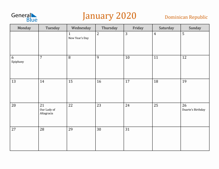 January 2020 Holiday Calendar with Monday Start