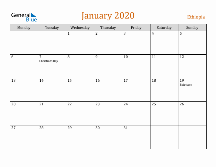 January 2020 Holiday Calendar with Monday Start