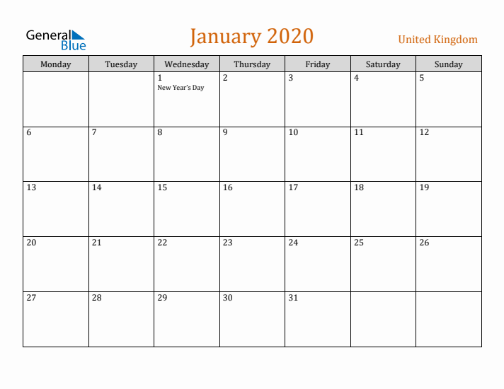 January 2020 Holiday Calendar with Monday Start