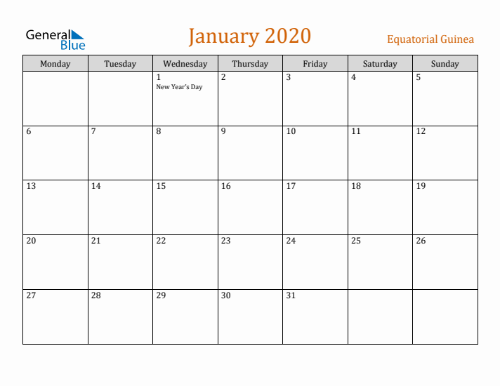 January 2020 Holiday Calendar with Monday Start