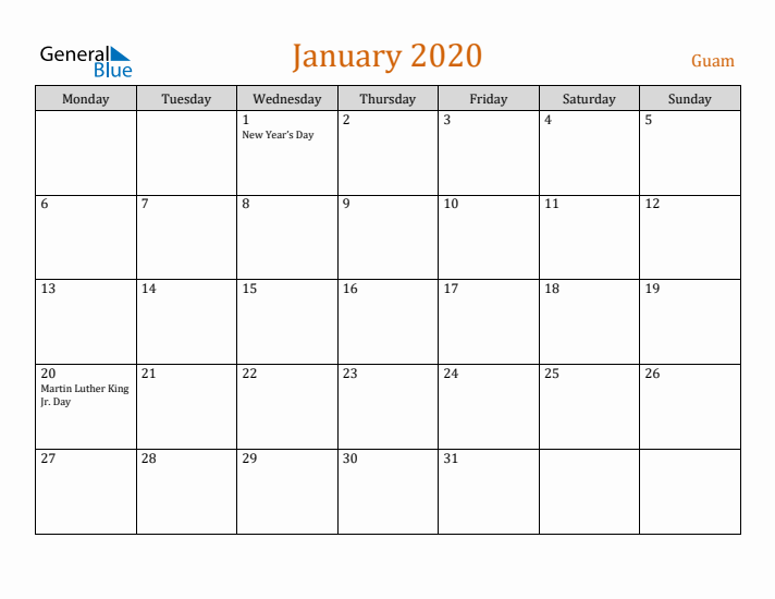 January 2020 Holiday Calendar with Monday Start