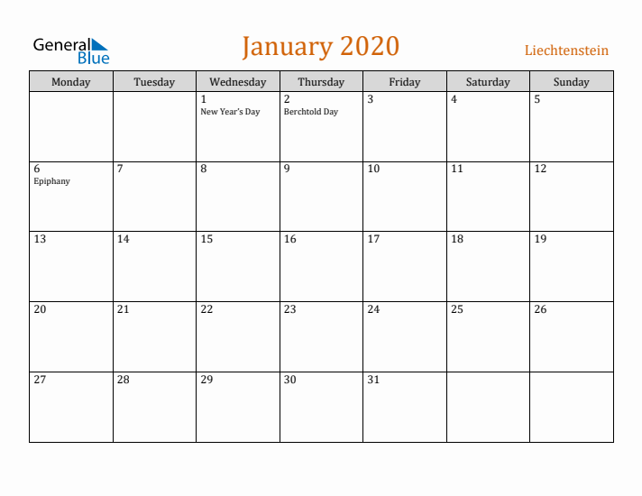 January 2020 Holiday Calendar with Monday Start