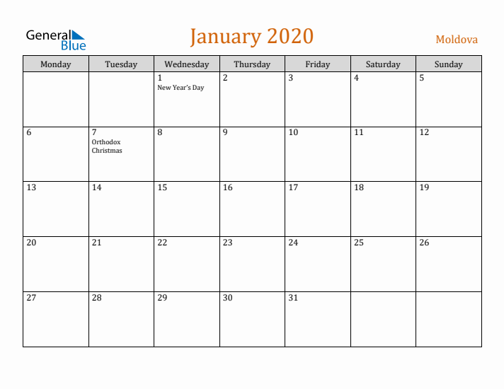 January 2020 Holiday Calendar with Monday Start