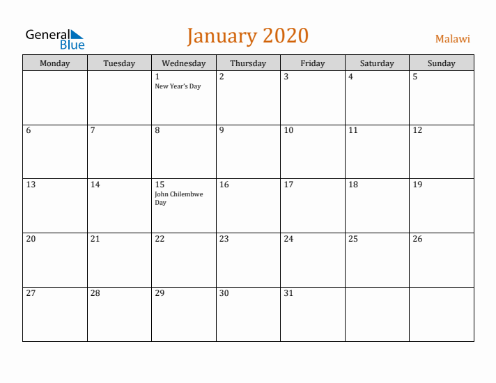 January 2020 Holiday Calendar with Monday Start