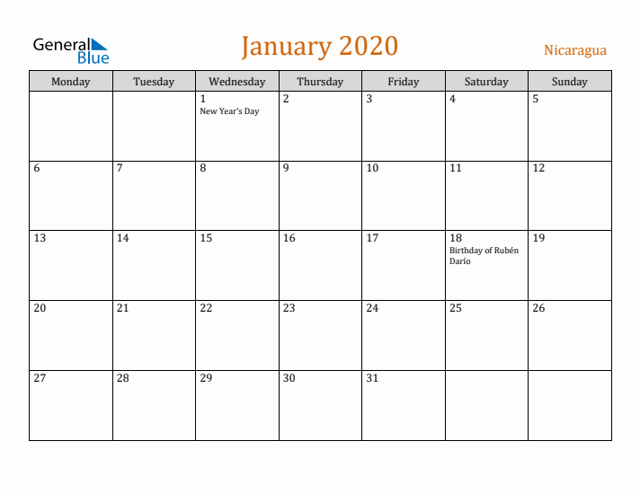 January 2020 Holiday Calendar with Monday Start