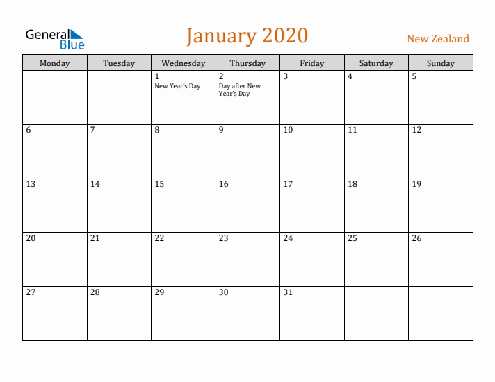 January 2020 Holiday Calendar with Monday Start