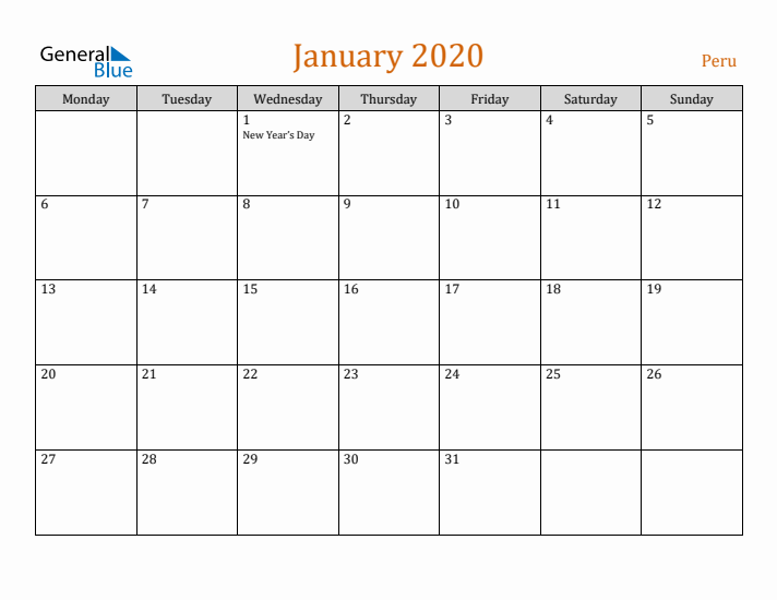 January 2020 Holiday Calendar with Monday Start