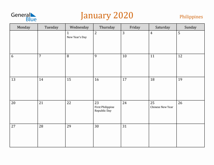 January 2020 Holiday Calendar with Monday Start